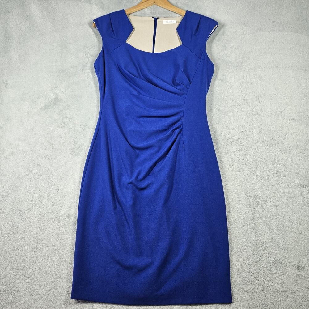 Calvin Klein Sheath Dress Womens Size 8 Blue Sleeveless Business Stretch Rouched